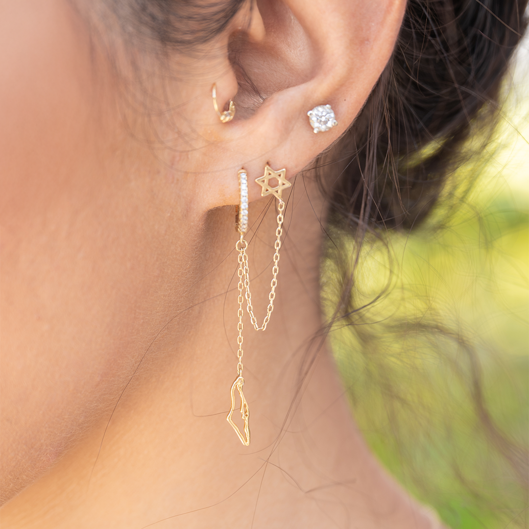 Double Earring- SZ Hoop, map of Israel, stud Star of David