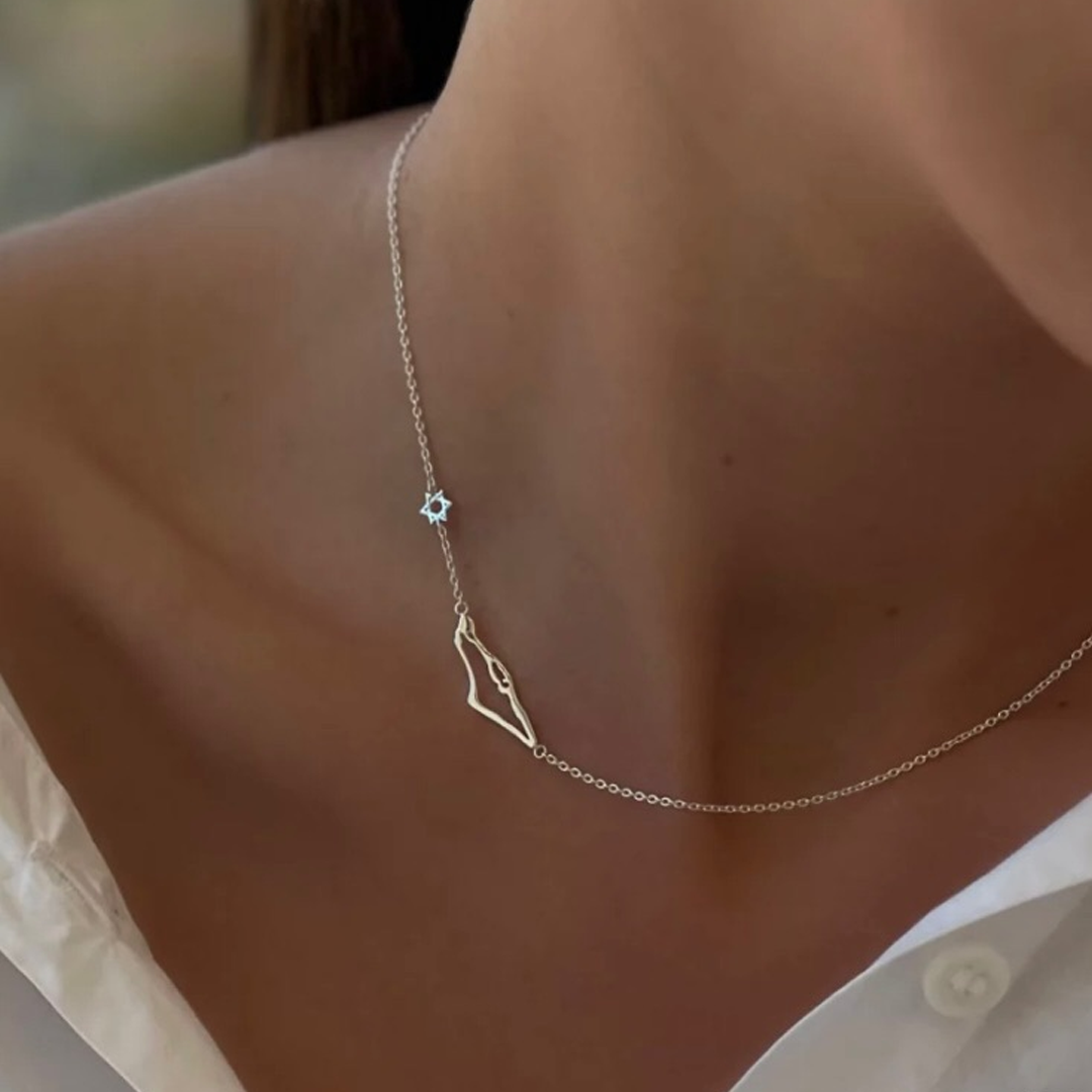 שרשרת ארץ ישראל ומגן דויד עדין Necklace-Dainty Star of David + tiny map of Israel