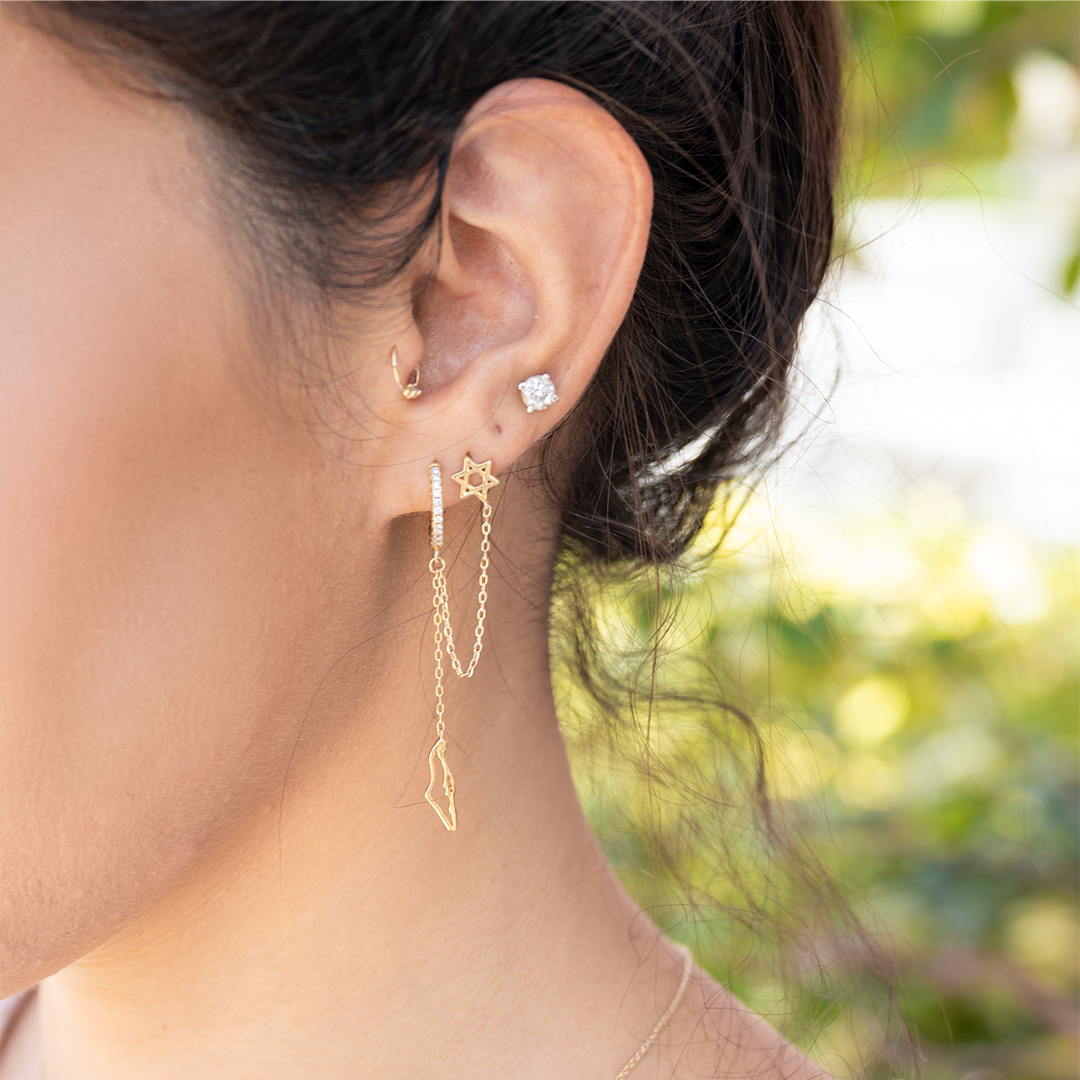 Dainty Double Earring- SZ Hoop, map of Israel, stud Star of David