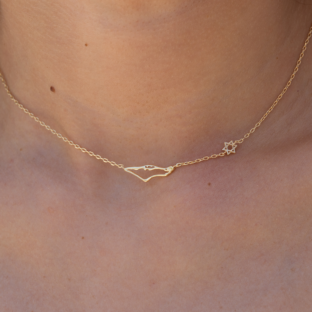 שרשרת ארץ ישראל ומגן דויד עדין Necklace-Dainty Star of David + tiny map of Israel