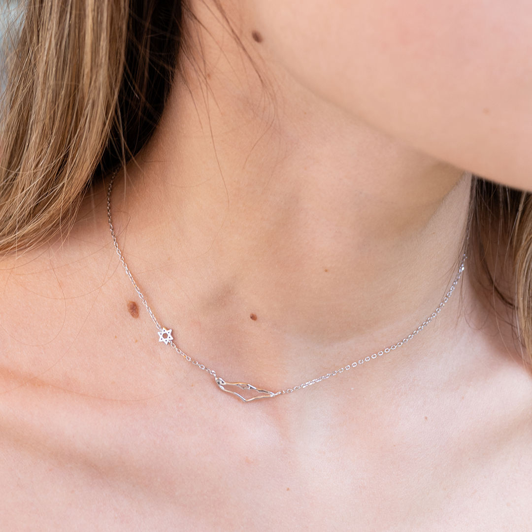שרשרת ארץ ישראל ומגן דויד עדין Necklace-Dainty Star of David + tiny map of Israel