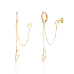 Double Earring- SZ Hoop, map of Israel, stud Star of David