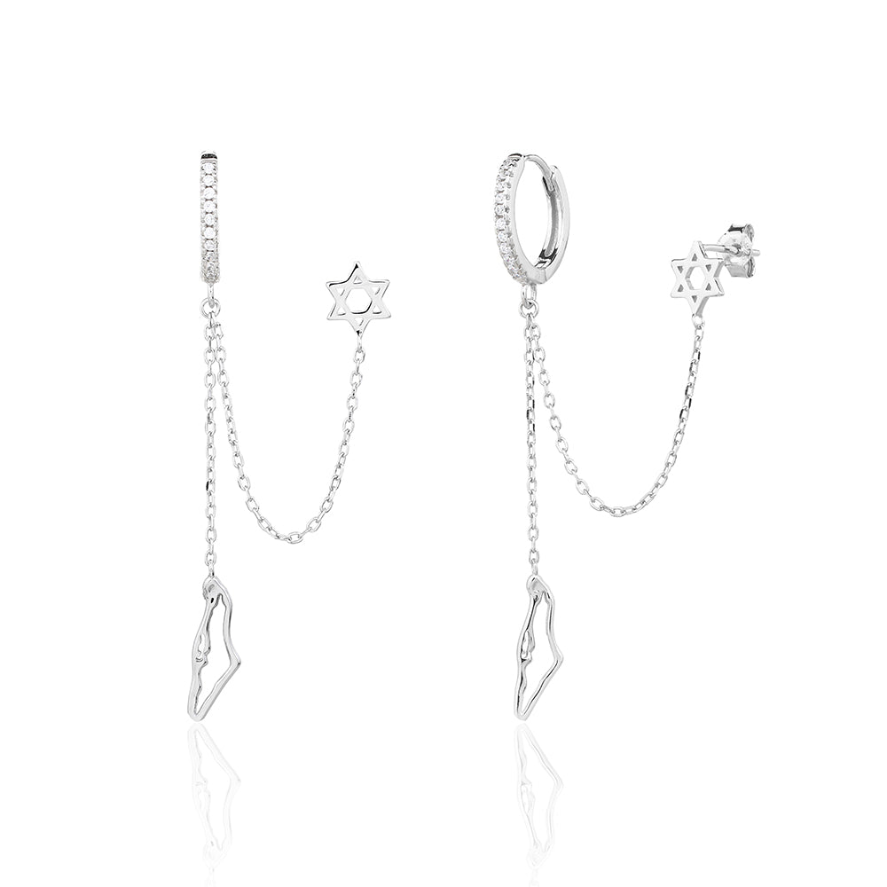Dainty Double Earring- SZ Hoop, map of Israel, stud Star of David